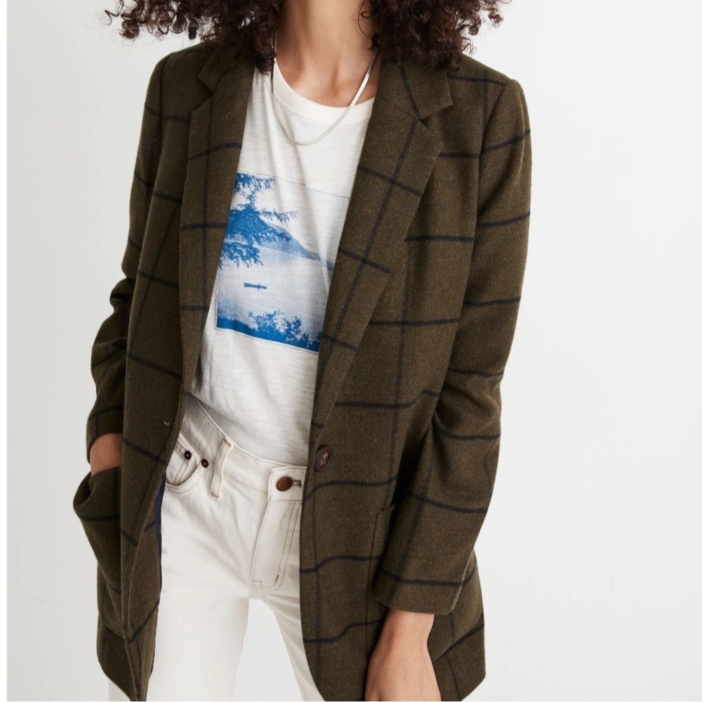 Madewell Olive Green Larsen Blazer in Windowpane Plaid Wool Blend Size XXS